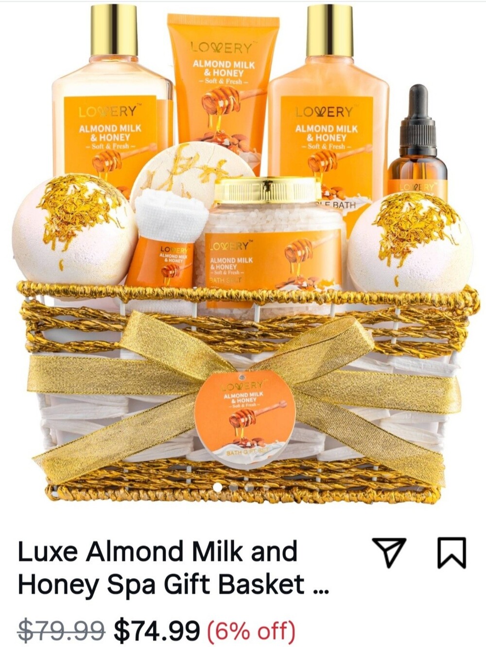 Lovery Almond Milk & Honey Bath & Body Gift Basket - Gold/Orange